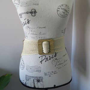 Vintage 1980s Wide Cream Macrame Belt With Faux Wood Square Belt Buckle